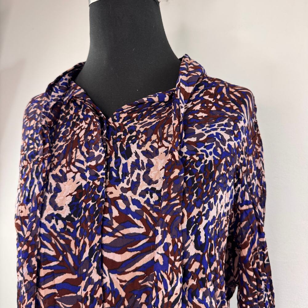 REISS Tora Multi Blouse Animal Print Tie-Neck Drop Shoulder Front Button Size 4 - Picture 2 of 8